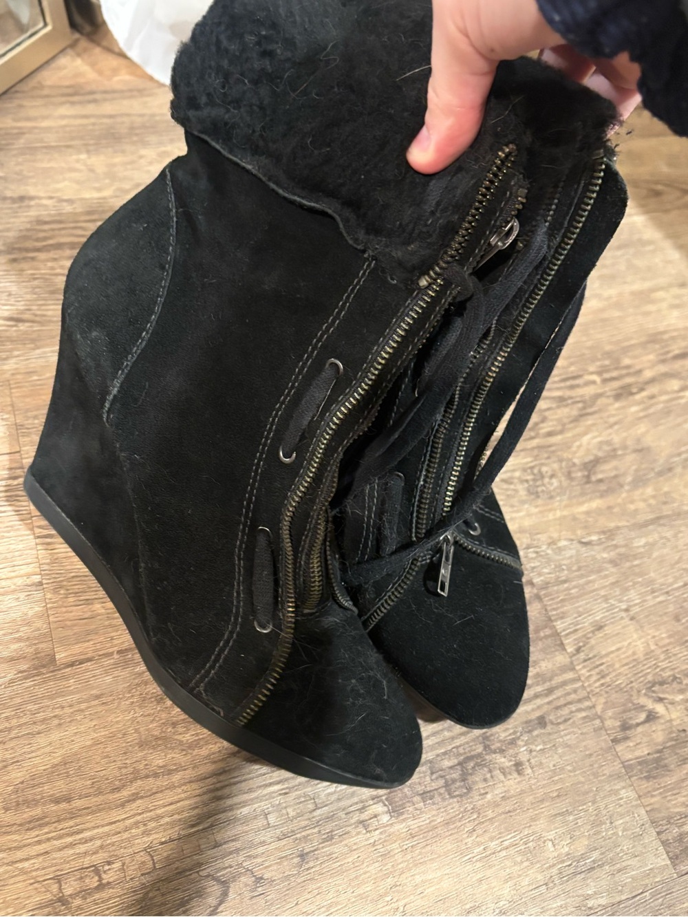 Juicy Couture Black Suede Wedge Ankle Boots with Faux Fur Cuff